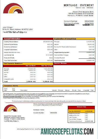Declaração de hipoteca do primeiro banco havaiano do Havaí amostra
